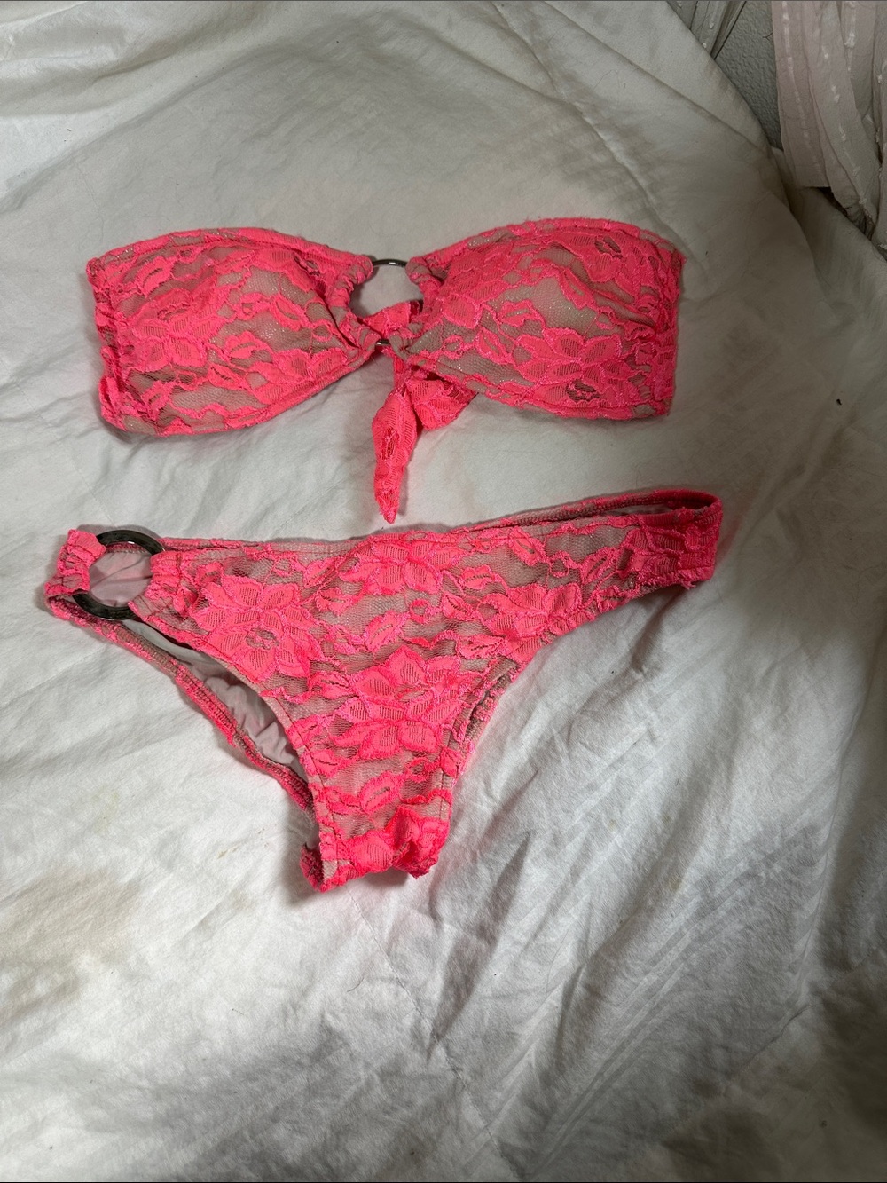 Neon Coral Lace Bandeau Bikini Set